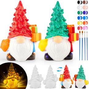 Paint Your Own Christmas Tree, DIY Lighted Up Ready to Paint Gnome Statues Night Light Ceramics to Paint Tabletop Christmas Tree Art and Crafts Kit Gifts for Teens Girls Boys Kids Ages 3+