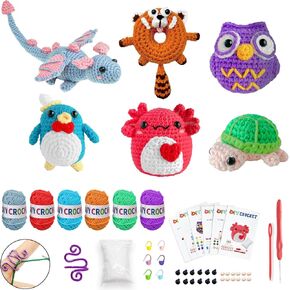 6Pcs Crochet Starter Kit for Beginners, Learn to Crochet Animals Kits with Step-by-Step Video Tutorials, Dragon, Axolotl, Raccoon, Penguin, Owl, Tortoise, Knitting Starter Pack for Adults and Kids