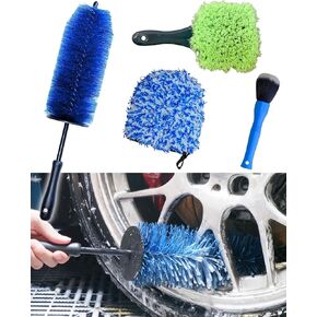 Car Wheel Cleaning Kit: Wheel and Rim Flagged Tip Brush, Bendable Barrel Brush, Wheelie Mitt, Scratch-Free Detail Brush for Rims & Tires - Durable & Multipurpose Clean Wheel Hard to Reach Areas