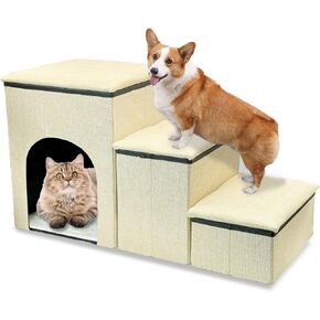 Fhiny Dog Stairs with Storage, 3-Steps Foldable Pet Stairs for Small Dogs Cat Steps with Condo Non-Slip Puppy Steps for High Bed & Couch Dog Ramp for Old Dogs and Cats, Holding up to 160 lbs Pets