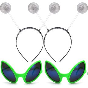 2 Pairs Alien Headband and Glasses Set Martian Antenna Headband Boppers Alien Sunglasses Headbands for Party Decoration Adults and Kids Halloween Party Favors