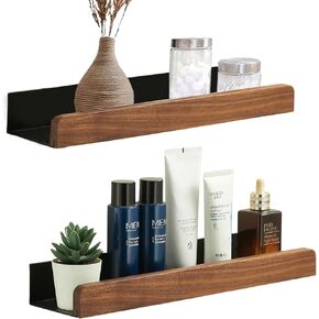 Bathroom Shelf Wall Mounted Organizer Adhesive,Rustic Farmhouse Walnut Solid Wood Floating Corner Shelf with Border for Kitchen Bedroom Laundry Room