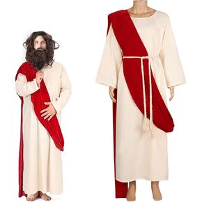 Jesus Christ Costume, Jesus Robe Accessories with Wig Beard Robe Shawl Waist Cord Cosplay Outfit for Halloween Party