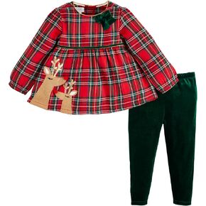 Mud Pie Girls Children's Tartan Reindeer Tunic and Legging Set