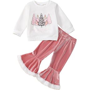 Toddler Girl Christmas Outfit Santa/Christmas Tree Sweatshirt+Velvet Bell-Bottoms Clothes