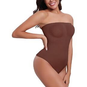 Redbean Strapless Shapewear Bodysuit for Women 2 In 1 Tummy Control Thong Body Shaper Tube Top Off Shoulder Leotard