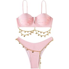 Milumia Women's 2 Piece Chain Linked Push Up Bikini Set Spaghetti Strap Stretchy Swimsuit
