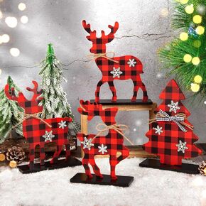 3Pcs Cute Christmas Tiered Tray Decor Indoor, Wooden Farmhouse Reindeer Christmas Tabletop Decorations Xmas Centerpiece, Rustic Reindeer Sign Standing Elk Decor for Christmas Home Shelf (White)