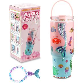 Decorate Your Own Water Bottle Kits for Girls Age 4-12, DIY Water Bottle Mermaid Gem Diamond Painting Crafts, Fun Arts and Crafts Gifts Toys 304 Stainless Steel Car Cup for Girls Birthday Christmas