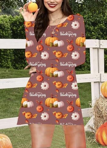 Women Happy Thanksgiving Pumpkin Tunic Dress Turkey Gobble Harvest Floral Mini Dress Thankful Grateful Fall Dresses in Saudi Arabia