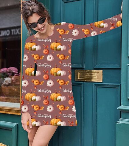 Women Happy Thanksgiving Pumpkin Tunic Dress Turkey Gobble Harvest Floral Mini Dress Thankful Grateful Fall Dresses in Saudi Arabia