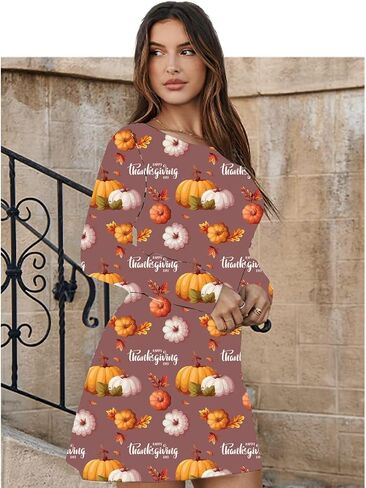 Women Happy Thanksgiving Pumpkin Tunic Dress Turkey Gobble Harvest Floral Mini Dress Thankful Grateful Fall Dresses in Saudi Arabia