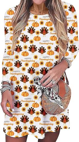 Women Happy Thanksgiving Pumpkin Tunic Dress Turkey Gobble Harvest Floral Mini Dress Thankful Grateful Fall Dresses in Saudi Arabia