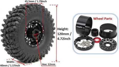 HOBBYSOUL RC 1.9 Tires Height 4.72'' Tyres & Aluminium 1.9 Beadlock Wheels Adjustable 4 Negative Offsets Black Rims For 1:10 Mud Crawler TRX4 SCX10 Gen8,(4-Pack) in Kuwait