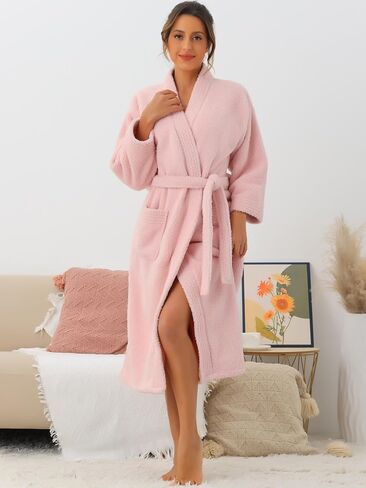 cheibear Womens Fluffy Fleece Robe Long Sleeve Thick Plush Self Tie Long Bathrobe for After Shower Spa Bath Suana in Saudi Arabia