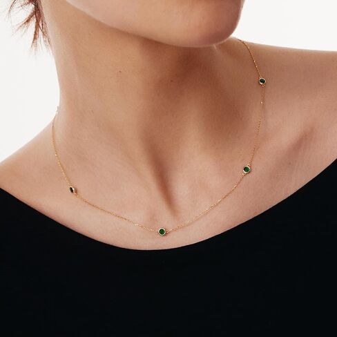 14K Solid Gold Emerald Station Necklace for Women | 14K Real Gold Emerald Yard Necklace | Dainty Station Necklace | Women's 14K Gold Gemstone Jewelry | Gift for Anniversary, 18" in Kuwait