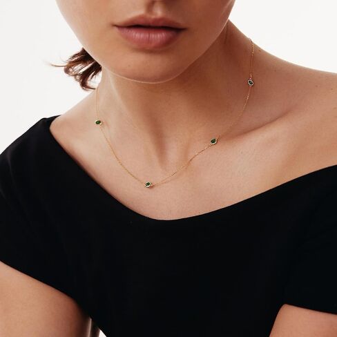 14K Solid Gold Emerald Station Necklace for Women | 14K Real Gold Emerald Yard Necklace | Dainty Station Necklace | Women's 14K Gold Gemstone Jewelry | Gift for Anniversary, 18" in Kuwait