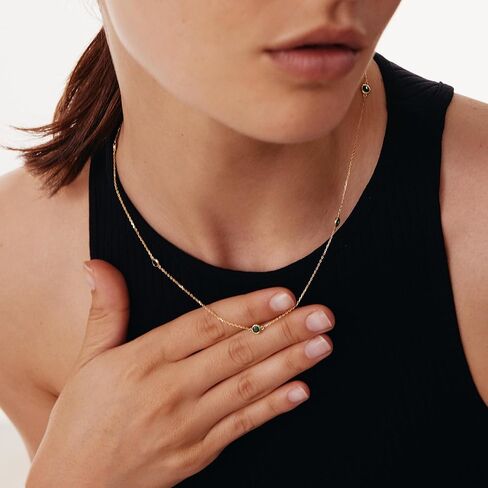 14K Solid Gold Emerald Station Necklace for Women | 14K Real Gold Emerald Yard Necklace | Dainty Station Necklace | Women's 14K Gold Gemstone Jewelry | Gift for Anniversary, 18" in Kuwait