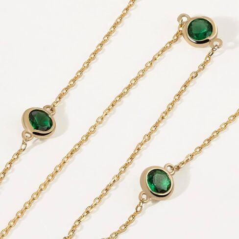 14K Solid Gold Emerald Station Necklace for Women | 14K Real Gold Emerald Yard Necklace | Dainty Station Necklace | Women's 14K Gold Gemstone Jewelry | Gift for Anniversary, 18" in Kuwait
