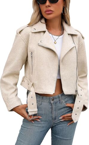 Women Cropped Woolen Coat Bomber Biker Jacket Outwear with Belt in Saudi Arabia
