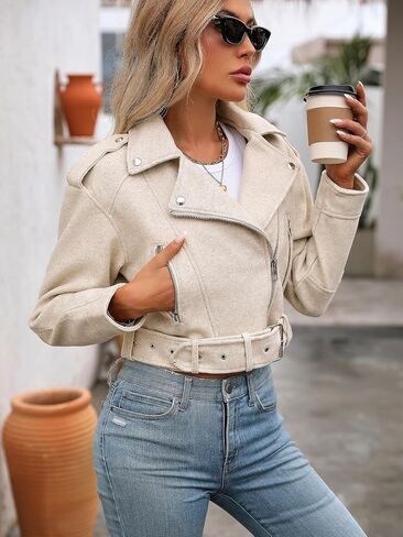 Women Cropped Woolen Coat Bomber Biker Jacket Outwear with Belt in Saudi Arabia
