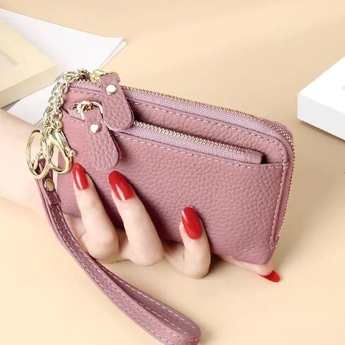 Women Genuine Real Leather Coin Purse with Hand Strap. 3 Zipper Small Wallet Wristlet with 3 credit cards slots Holder - Dark Blue in Saudi Arabia