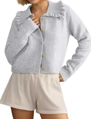 Ythomm Womens Ruffle Collar Sweater Cardigan Button Down Open Front Long Sleeve Knit Sweater Jackets Casual Solid Fall Tops in Saudi Arabia