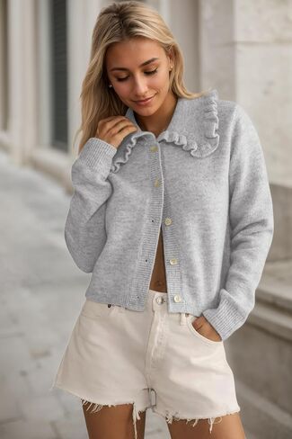 Ythomm Womens Ruffle Collar Sweater Cardigan Button Down Open Front Long Sleeve Knit Sweater Jackets Casual Solid Fall Tops in Saudi Arabia