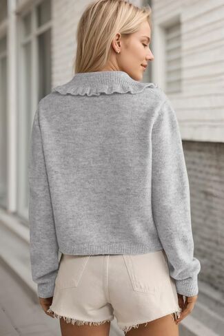 Ythomm Womens Ruffle Collar Sweater Cardigan Button Down Open Front Long Sleeve Knit Sweater Jackets Casual Solid Fall Tops in Saudi Arabia