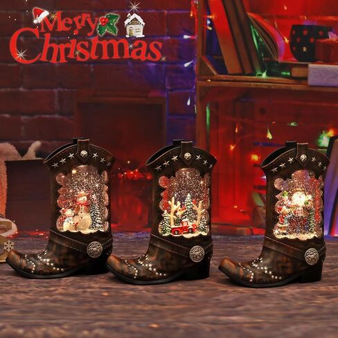 Christmas Snow Globes, Cowboy Boots Snwoman Scene Snow Globes, Glittering Lantern with Timer, Snow Globe Lantern USB or Battery Powered for Desktop Ornament, Christmas Decoration and Gifts in Saudi Arabia