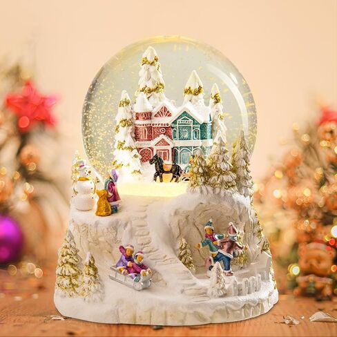 Christmas Snow Globe Carriage Snow Globe Color Changing Lighted Musical Water Globe with Snowman&Sledge and Skating Pond Decor Resin Glass Balls Table Decor, for Kids/Woman in Saudi Arabia