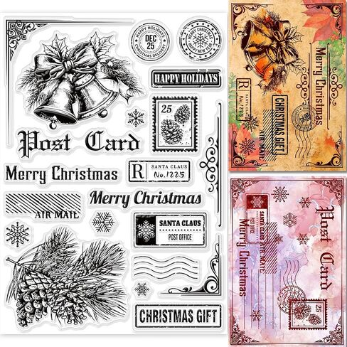 GLOBLELAND Christmas Postcard Clear Stamps for DIY Scrapbooking Merry Christmas Bell Silicone Clear Stamp Seals 21x14.8cm Transparent Stamps for Cards Making Photo Album Journal Home Decoration in Saudi Arabia