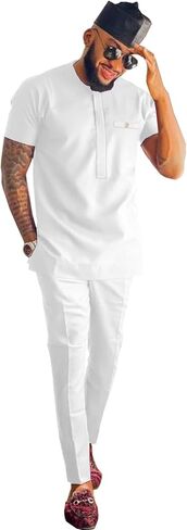 African Attire for Men Solid Color Short Sleeve Shirt Pants 2 Piece Set Outfit Dashiki Suit Clothing in Kuwait
