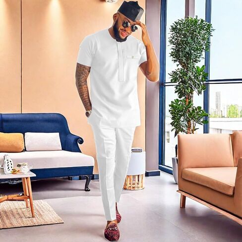 African Attire for Men Solid Color Short Sleeve Shirt Pants 2 Piece Set Outfit Dashiki Suit Clothing in Kuwait