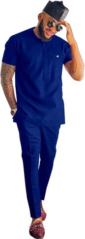 African Attire for Men Solid Color Short Sleeve Shirt Pants 2 Piece Set Outfit Dashiki Suit Clothing in Kuwait