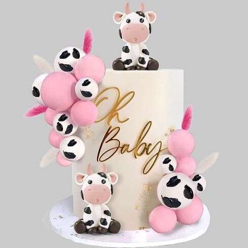 أغطية كعكة البقرة والكرة من KEEPARTY، 26 قطعة، بطابع حيوانات المزرعة، طين، وردي وأبيض، لحفلات استقبال المولود الجديد، وأعياد الميلاد، ومستلزمات حفلات البنات والأولاد in Kuwait