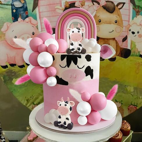 أغطية كعكة البقرة والكرة من KEEPARTY، 26 قطعة، بطابع حيوانات المزرعة، طين، وردي وأبيض، لحفلات استقبال المولود الجديد، وأعياد الميلاد، ومستلزمات حفلات البنات والأولاد in Kuwait