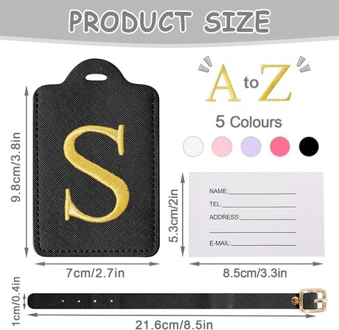 Personalized Initial Luggage Tags for Suitcases, Cute PU Leather Embroidered Letter Travel Luggage Tags, Suitcase Identifier Name Baggage Tag, Bag Tags for Men Women Kids Luggage Handbags(Black S) in Saudi Arabia