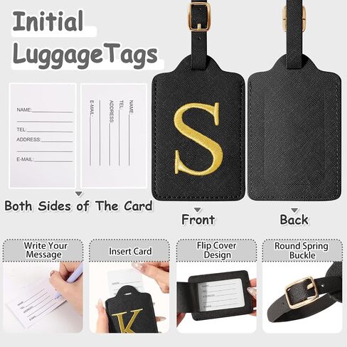 Personalized Initial Luggage Tags for Suitcases, Cute PU Leather Embroidered Letter Travel Luggage Tags, Suitcase Identifier Name Baggage Tag, Bag Tags for Men Women Kids Luggage Handbags(Black S) in Saudi Arabia