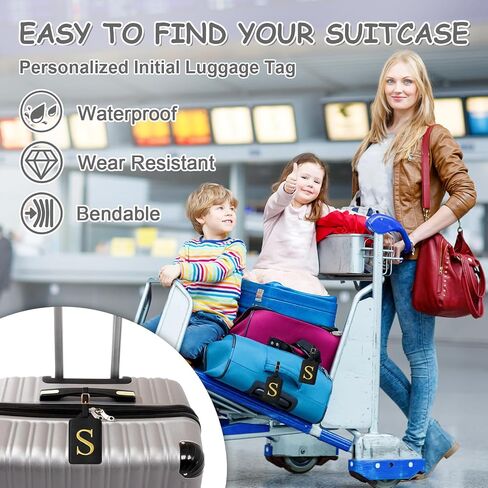 Personalized Initial Luggage Tags for Suitcases, Cute PU Leather Embroidered Letter Travel Luggage Tags, Suitcase Identifier Name Baggage Tag, Bag Tags for Men Women Kids Luggage Handbags(Black S) in Saudi Arabia