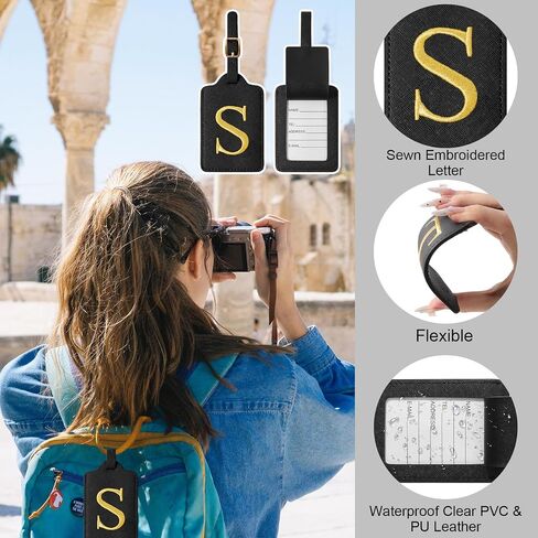 Personalized Initial Luggage Tags for Suitcases, Cute PU Leather Embroidered Letter Travel Luggage Tags, Suitcase Identifier Name Baggage Tag, Bag Tags for Men Women Kids Luggage Handbags(Black S) in Saudi Arabia
