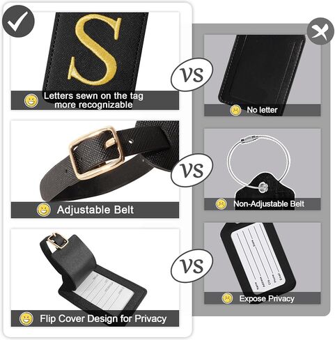 Personalized Initial Luggage Tags for Suitcases, Cute PU Leather Embroidered Letter Travel Luggage Tags, Suitcase Identifier Name Baggage Tag, Bag Tags for Men Women Kids Luggage Handbags(Black S) in Saudi Arabia