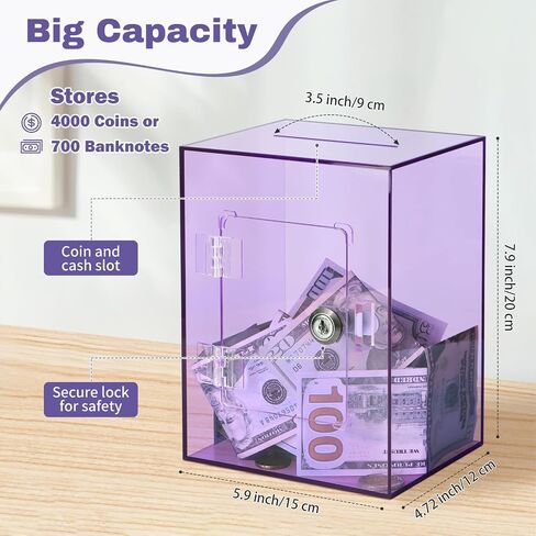 Clear Piggy Bank with Lock and Key, Large Acrylic Piggy Banks for Kids Adults, Clear Openable Money Saving Box for Cash Coins, Reusable Saving Box for Real Money (Clear) in Saudi Arabia