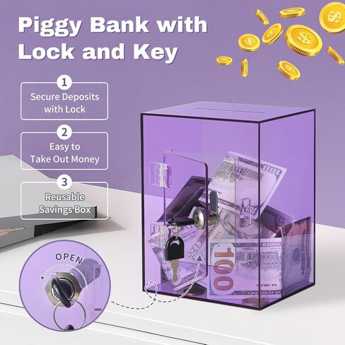 Clear Piggy Bank with Lock and Key, Large Acrylic Piggy Banks for Kids Adults, Clear Openable Money Saving Box for Cash Coins, Reusable Saving Box for Real Money (Clear) in Saudi Arabia