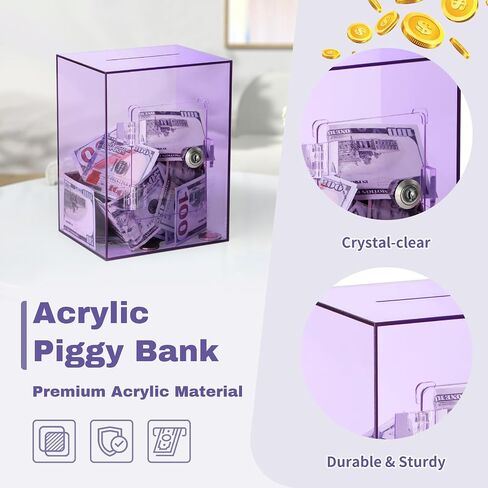 Clear Piggy Bank with Lock and Key, Large Acrylic Piggy Banks for Kids Adults, Clear Openable Money Saving Box for Cash Coins, Reusable Saving Box for Real Money (Clear) in Saudi Arabia