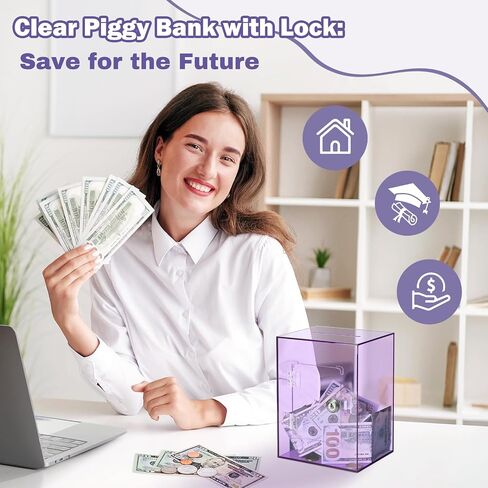 Clear Piggy Bank with Lock and Key, Large Acrylic Piggy Banks for Kids Adults, Clear Openable Money Saving Box for Cash Coins, Reusable Saving Box for Real Money (Clear) in Saudi Arabia