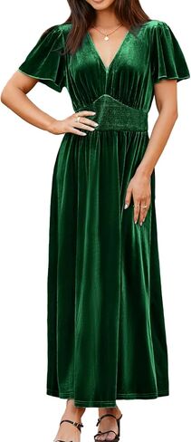 Simplee Women's Short Sleeve Velvet Maxi Dress V Neck Empire Waist Long Formal Wedding Guest Dresses in Kuwait