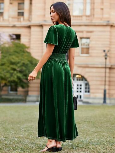 Simplee Women's Short Sleeve Velvet Maxi Dress V Neck Empire Waist Long Formal Wedding Guest Dresses in Kuwait