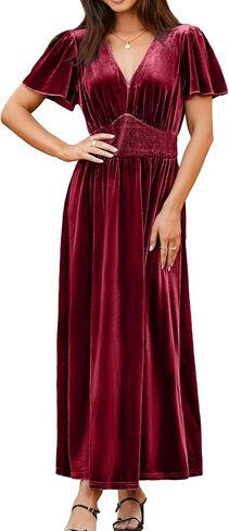 Simplee Women's Short Sleeve Velvet Maxi Dress V Neck Empire Waist Long Formal Wedding Guest Dresses in Kuwait