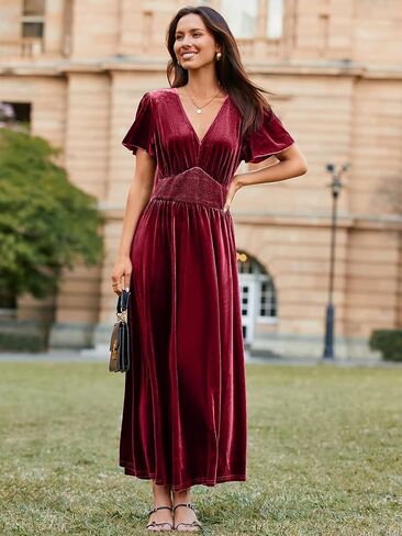 Simplee Women's Short Sleeve Velvet Maxi Dress V Neck Empire Waist Long Formal Wedding Guest Dresses in Kuwait